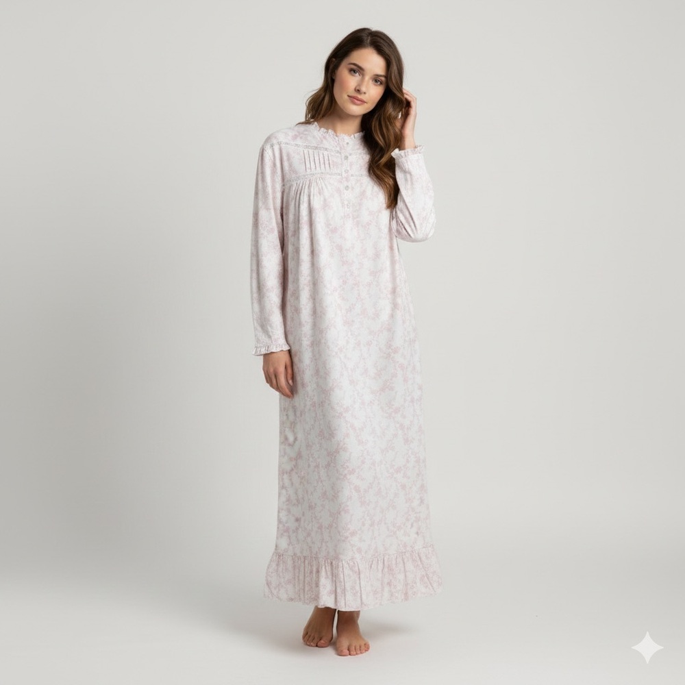 Laura Ashley Vintage Cotton Flannel White Floral Lace Cottage Nightgown XL